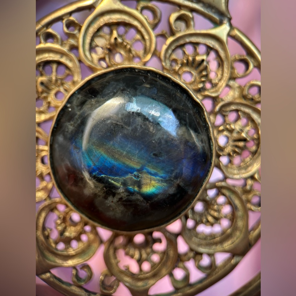 Oracle Body Jewelry Brass Ear Weights Labradorite Inlay - Picture 10 of 11